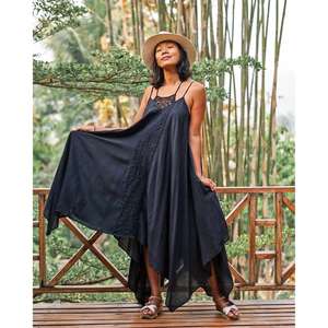 Vestido Maxi Asimétrico Bohemio Negro para Mujer, Vestido de Algodón sin Mangas con Tirantes Finos, Ropa de Verano para Vacaciones - Product Image 2