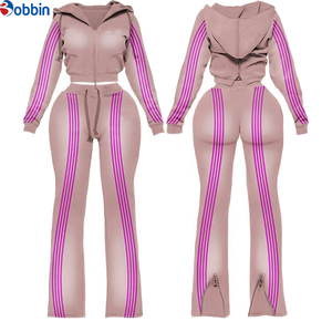 Conjunto Deportivo Personalizado para Mujer, Sudadera con Cierre y Franja Lateral en Contraste, Pantalones Deportivos Acampanados, 2 Piezas, Ropa Deportiva, Estilo Urbano - Product Image 5