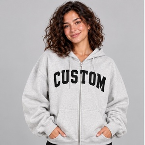 Sweat à capuche zippé en molleton de coton épais 400 g/m² avec lettrage appliqué en sergé personnalisé, coupe oversize à épaules tombantes, gris - Product Image 1
