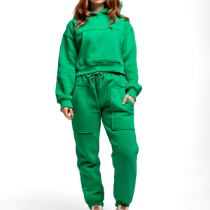 Conjunto Deportivo Verde con Capucha para Mujer, Sudadera Larga y Pantalones Deportivos, Color Sólido, Corte Holgado Informal, 100% Algodón, Ropa de Otoño - Product Image 1