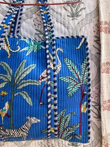 Bolso Tote de Algodón Azul Hecho a Mano con Estampado de Bloques en Lona, Estilo Bohemio, Casual, con Cierre, para Compras, Uso Diario para Mujeres - Product Image 3