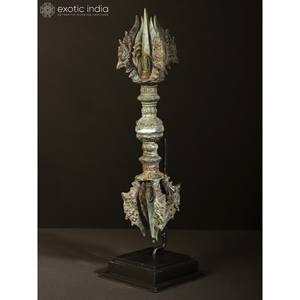16-Inch Brass Tibetan Buddhist Vajra Dorje Sculpture Decorative Brass Sculpture on Wood <b>Stand</b> - Product Image 1