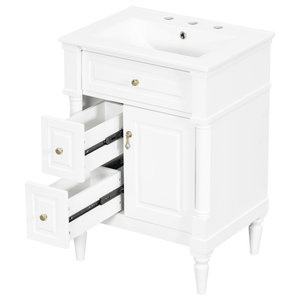 Mobile Bagno Bianco da 24 Pollici con Lavabo, Cassetto Ribaltabile, Ripiano Regolabile, Finitura Impermeabile in Legno di Gomma Massiccio - Product Image 3
