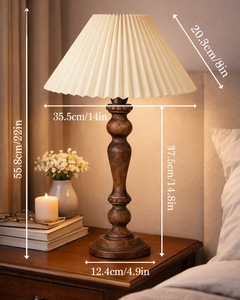 Lampe de table en bois antique avec abat-jour plissé, lumière décorative de chevet pour chambre à coucher, salon, ampoule E27 incluse, décoration intérieure OEM - Product Image 5