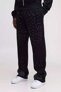 High Demanding Tall Shrunken Rhinestone <b>Black</b> Men <b>Zip</b> <b>Hoodie</b> & Jogger Set Breathable Cotton Blended Rhinestone Men Tracksuit - Product Image 4