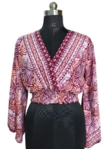 Blusa Casual de Algodón para Mujer, Cuello en V, Manga Larga con Volantes, Cintura Fruncida, Estampado y Bordado, Colores Personalizados Disponibles (ODM) - Product Image 3