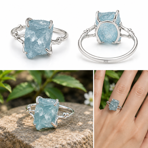 Natural Raw Aquamarine <b>Ring</b> 925 Sterling Silver Handmade Gemstone <b>Ring</b> Organic Branch Design Adjustable <b>Statement</b> Jewelry - Product Image 3