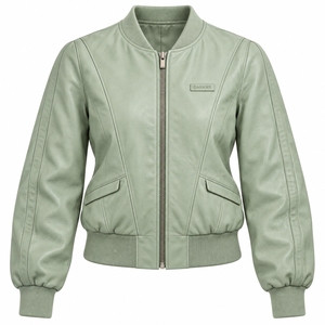 Chaqueta Bomber de Cuero Verde Salvia para Mujer con Bolsillos de Solapa y Ribete de Piel de Cordero Menta - Abrigo Personalizado para Exportación B2B - Proveedor de Ropa de Fábrica - Product Image 1