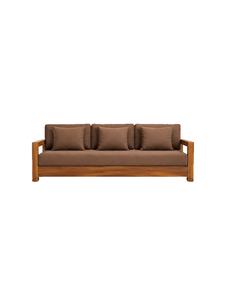 Canapé d'extérieur moderne en teck massif, trois places, coussins marron, mobilier de jardin durable avec pieds en bois - Product Image 1