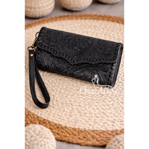 2026 Fashion Women <b>Black</b> Tooled Genuine Leather Card Holder <b>Clutches</b> Large Capacity Wristlet <b>Purse</b> for Gifts & Daily Travel Use - Product Image 1