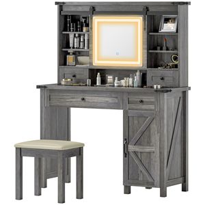 Rosewood <b>Makeup</b> <b>Vanity</b> Desk Set with Mirror and Lights Cushioned Stool Storage Drawer Cabinet Shelves for Bedroom Gray - Product Image 1