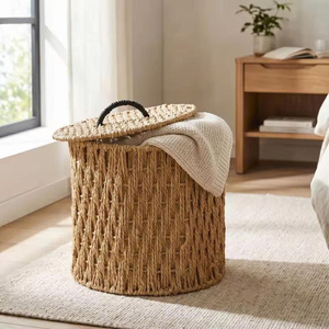 Natural Paper Rope Storage <b>Basket</b> <b>with</b> <b>Lid</b> and Handle Rustic Wicker Organizer Decorative Home Laundry Toy Storage <b>Basket</b> - Product Image 3