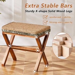 Natural Seagrass Rectangular Ottoman Footstool with Wooden Legs Hand-Woven <b>Footrest</b> for Living Room - Product Image 4