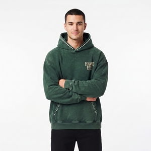 Sudadera con Capucha Oversize para Hombre, Verde, Lavado Ácido, Algodón French Terry, Logotipo Bordado, Adorno de Pedrería, Bolsillo, Ropa Casual, Transpirable - Product Image 2