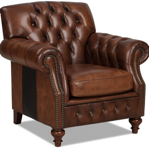 Fauteuil Chesterfield traditionnel en cuir marron, capitonné, avec accoudoirs roulés, pour salon - Product Image 1