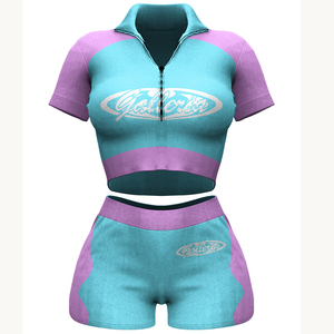 Conjunto de shorts para mujer, tela premium de nylon y spandex con diseño de paneles azules y rosas, logotipo personalizado con transferencia térmica. - Product Image 6