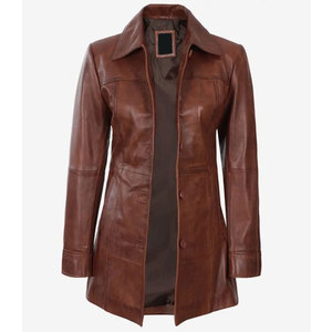 Premium Women's Genuine Sheepskin <b>Leather</b> <b>Blazer</b> <b>Jacket</b> Vintage Brown Mid-Length Soft <b>Leather</b> Trench Coat Outerwear - Product Image 3