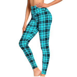 High Waist Plaid Yoga <b>Leggings</b> Full Length Four-Way Stretch Spandex Polyester Elastic Waist Printed Pants - Product Image 6