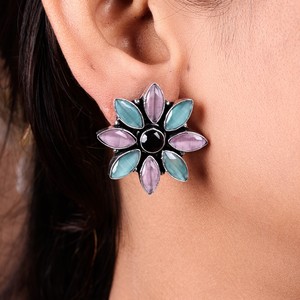 Pink Zircon Marquise Cut Brass Floral <b>Stud</b> Earrings | Antique <b>Silver</b> Plated Boho Tribal Jewelry Gift for Women Anniversary - Product Image 1