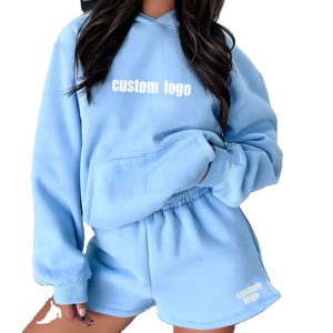 Nouveaux shorts et sweats à capuche pour femmes à la mode surdimensionnés confortables 100% coton grande taille logo personnalisé conception ensemble 2 pièces pour femmes - Product Image 2