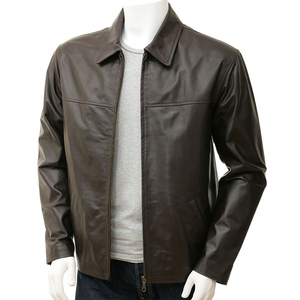 Veste en cuir véritable marron pour homme, col classique, fermeture éclair sur le devant, manteau décontracté, vente en gros, style streetwear, veste de mode d'hiver - Product Image 1