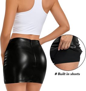 Jupe mini en cuir véritable taille haute pour femme, couleur unie, brillante, asymétrique, fendue, style club sexy, toutes saisons - Product Image 4