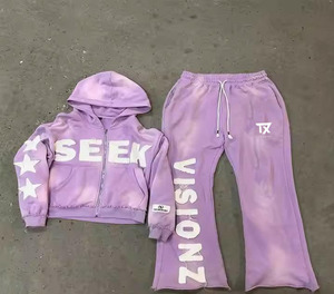 ชุดเซ็ตแทรคสูทแฟชั่นสตรีทแวร์ฤดูหนาวแบบใหม่ เสื้อฮู้ดซิปคุณภาพสูงแบบดิสเทรส กางเกงขาบาน พิมพ์ลายเรียบๆ ประดับคริสตัล 100% - Product Image 2