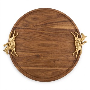 Bandeja ovalada de madera natural de alta calidad con elegantes asas de metal plateado con detalles de toro para uso en el hogar, hoteles y restaurantes. - Product Image 6