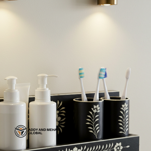 ชุดอุปกรณ์จัดระเบียบห้องน้ำแบบติดผนัง ทำด้วยมือ ประดับด้วยกระดูกสีดำ พร้อมที่จ่ายสบู่คู่ และที่วางแปรงสีฟัน - Product Image 5