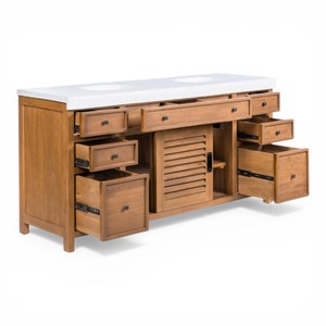 Meuble-lavabo de salle de bain de luxe en teck massif, écoresponsable, fait main, durable, avec double vasque, meuble de rangement en ciment terrazzo et tiroirs coulissants - Product Image 2