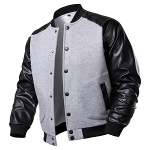 <b>Men's</b> Gray Varsity <b>Jacket</b> Black PU <b>Leather</b> Sleeves Button Closure Casual Style Autumn Wear Regular Fit Solid Color - Product Image 1