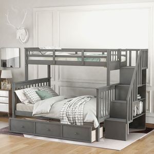 Gray Twin Over Full Bunk Bed with <b>Drawer</b> <b>Storage</b> Guard Rail for Adult Bedroom Dorm LP00021 <b>Old</b> SKU - Product Image 1