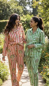 Ensemble pyjama en coton rayé pour femmes, manches longues, col rabattu, longueur complète, taille élastique, vêtements de nuit doux et décontractés, été - Product Image 6