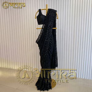 Sari long en satin noir perlé, brodé de sequins et de paillettes, imprimé, doux et infroissable, pour femmes, idéal pour les mariages indiens et les fêtes. - Product Image 6