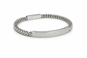 <b>Mens</b> 316L Stainless Steel Pav Bar Cuban Link Bracelet High Polish Silver Tone Diamond Brilliant Cut ID Chain Jewelry Gift - Product Image 2