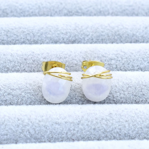 Handmade Moonstone <b>Stud</b> Earrings | Oval Wire Wrapped Gemstone | Jewelry - Product Image 5