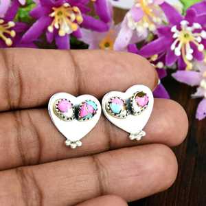 Pendientes de Plata de Ley con Turquesa Natural en Forma de Corazón, Estilo Zuni, Joyería Romántica - Product Image 4