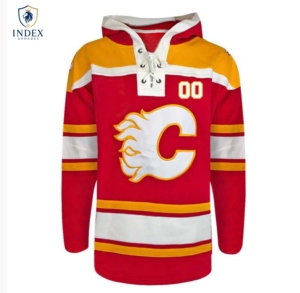 Maillot de hockey sur glace à capuche pour homme Index Apparel Calgary Flames, rouge, jaune, blanc, imprimé par sublimation, manches longues, coupe classique - Product Image 1