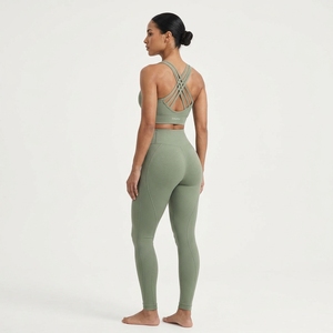 Women's Sage <b>Green</b> Cross Back Sports Bra <b>Set</b> Seamless Yoga <b>Gym</b> Workout Clothing Custom Private Label OEM - Product Image 4
