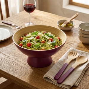 Handmade Spun Bamboo <b>Serving</b> Bowl Set with Spoon and Fork Kitchenware Bamboo Salad Bowls Food Fruit made in Vietnam - Product Image 2