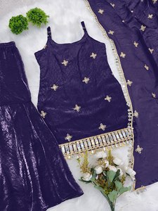 Conjunto de 3 piezas de salwar kameez morado de seda elástica con trabajo de espejo, estilo Kurti pakistaní, ropa tradicional india para mujer al por mayor - Product Image 2