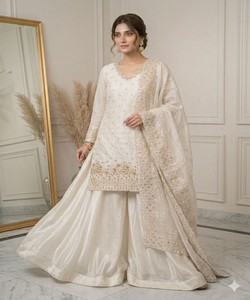 DESIGNER FENDY <b>BEADS</b> WITH SEQUENCE EMBROIDERY & CUT WORK <b>TOP</b> PALAZZO WITH DUPATTA 84597 WHITE - Product Image 1