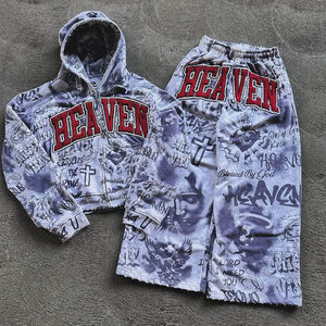 Conjunto de Sudadera y Pantalones Deportivos con Estampado Personalizado, Lavado Ácido y Efecto Desgastado, para Hombre, Estilo Urbano - Product Image 1