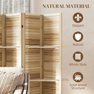 Handcrafted 5 Panel 67\" Tall Wood Privacy <b>Screen</b> Room Divider with 3 Shelves and <b>Folding</b> Storage Natural Wood for Bedroom - Product Image 6