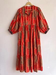 Floral <b>Print</b> 100% Cotton Formal <b>Indian</b> Digital Printed Maxi <b>Dress</b> With Puff Sleeves Tiered Boho Loose Fit Summer Casual O-Neck - Product Image 5