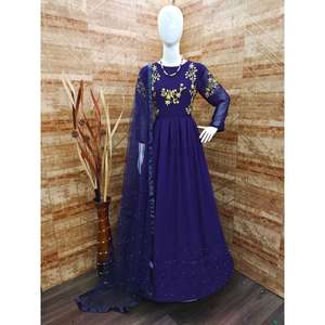 DESIGNER GEORGETTE BRODERIE TRAVAIL ET ROBE DE TRAVAIL EN PIERRE REVERTE AVEC DUPATTA BLEU MARINE - Product Image 1