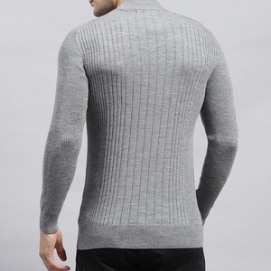 Pull en laine côtelé gris pour homme, col montant, manches longues, tricoté, couleur unie, coupe standard, hiver - Product Image 6