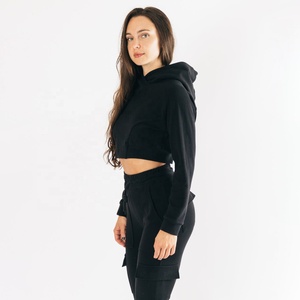 Best Quality Women's <b>Black</b> Cropped Hooded <b>Sweatshirt</b> Long Sleeve Knitted Casual Autumn Wear Solid Color Asymmetric Design Hoodie - Product Image 5