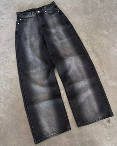 Jeans pour hommes décontractés, vintage, en denim noir, coupe droite, taille mi-haute, ourlet brut, en denim tricoté et délavé, de créateur, personnalisés, par fabricant de jeans - Product Image 4