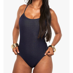 Traje de Baño de Una Pieza para Mujer, Cuello Redondo, Cintura Alta, Elástico, Color Sólido, Ajuste Regular, Tejido de Punto - Product Image 1